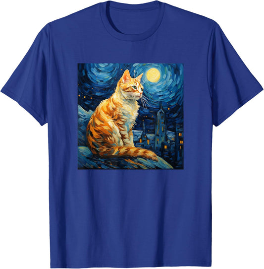 Cat Starry Night lover art Painting kitty kitten Van Gogh T-Shirt - T-Shirt | Royal