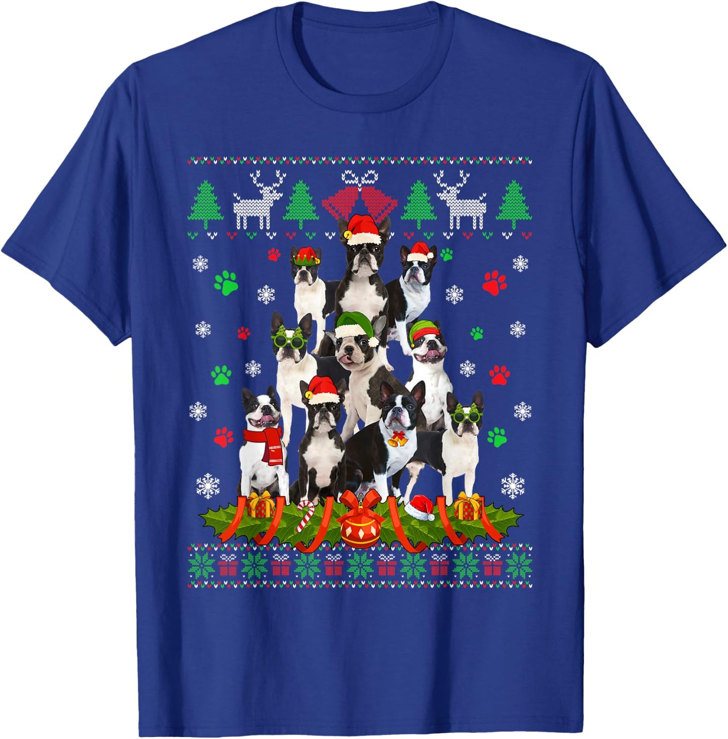 Ugly Sweater Christmas Tree Boston Terrier Dog Xmas Pajama T-Shirt - T-Shirt | Royal