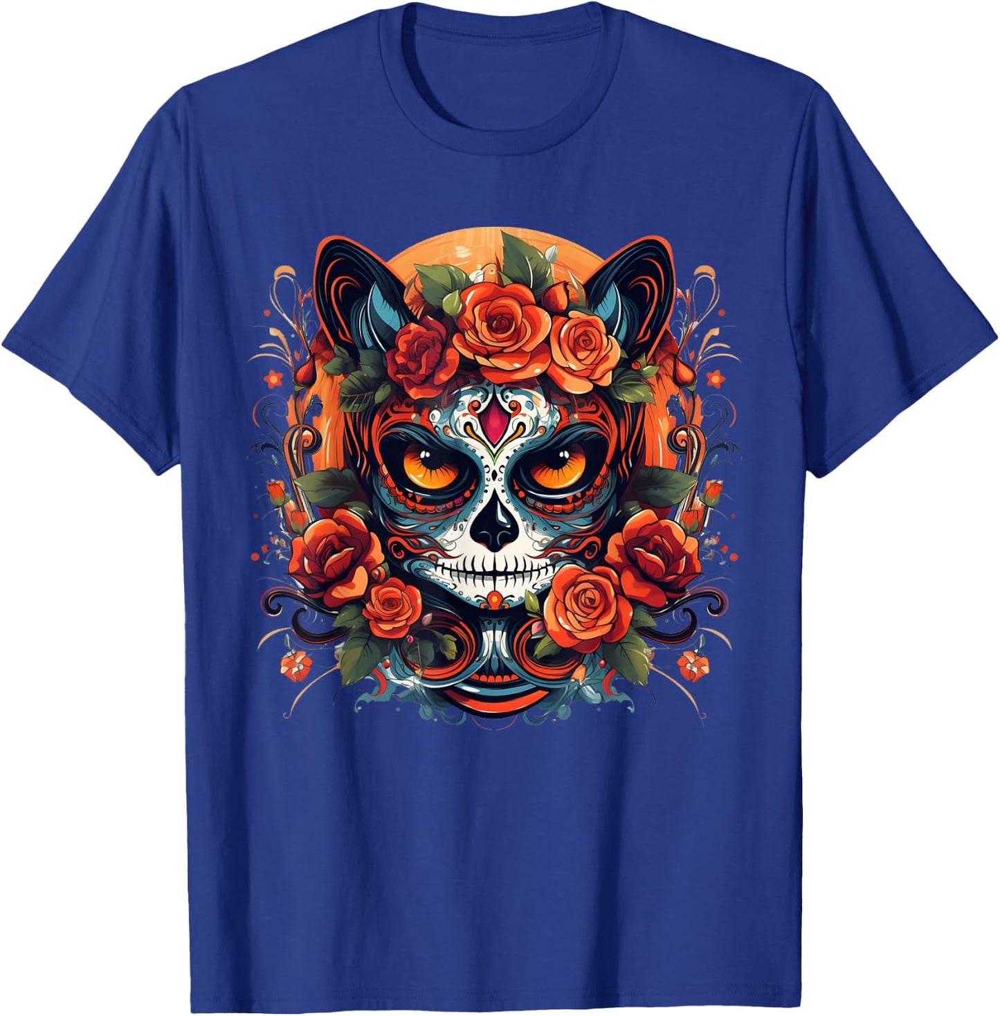 Cute Cat Sugar Skull Mexican Cat Halloween Day Of The Dead Men Women Kids T-Shirt - T-Shirt | Royal