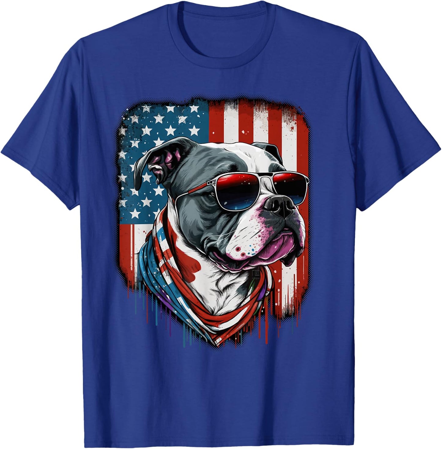 Pitbull Dog Red White Blue American Flag Sunglasses T-Shirt - T-Shirt | Royal