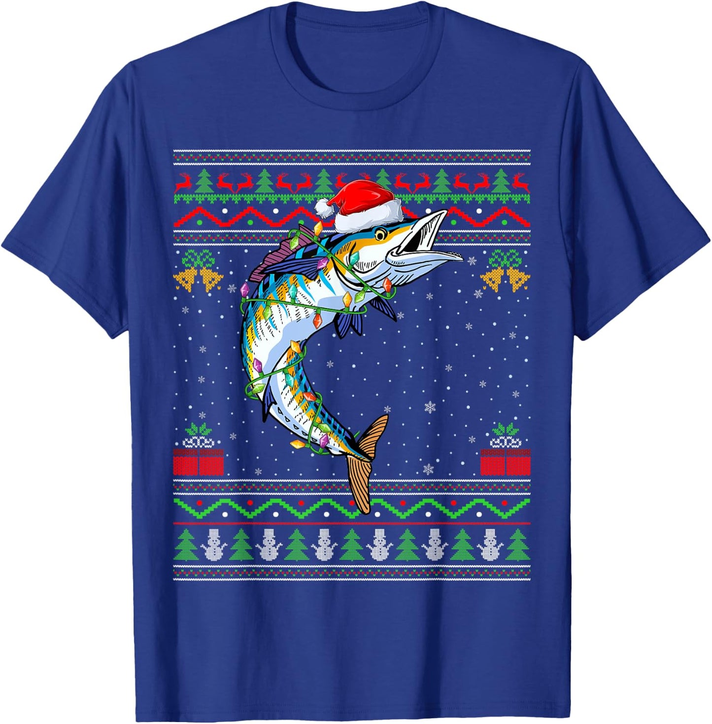 Xmas Lights Ugly Sweater Style Santa Wahoo Fish Christmas T-Shirt - T-Shirt | Royal