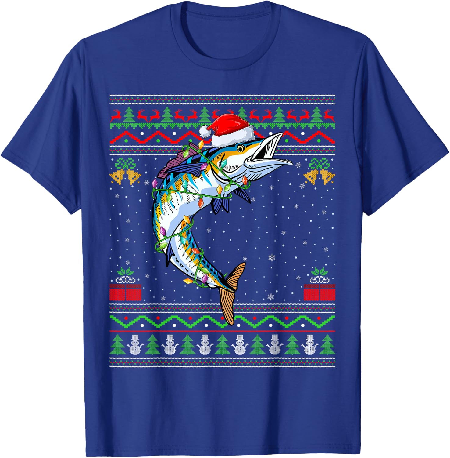 Xmas Lights Ugly Sweater Style Santa Wahoo Fish Christmas T-Shirt - T-Shirt | Royal