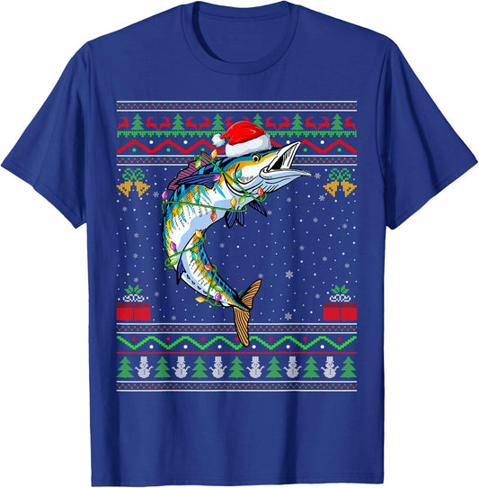 Xmas Lights Ugly Sweater Style Santa Wahoo Fish Christmas T-Shirt - T-Shirt | Royal