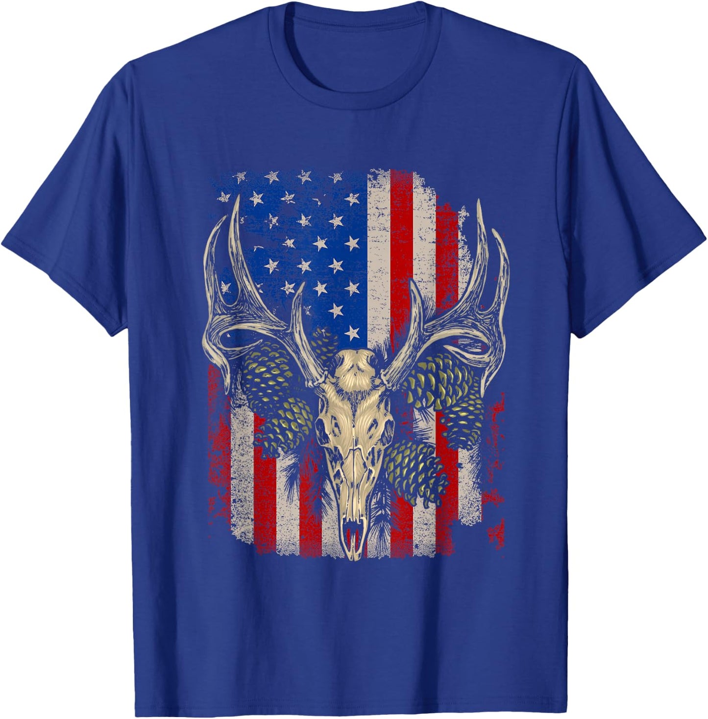 Deer Hunting Skull Whitetail Buck American Flag Vintage T-Shirt - T-Shirt | Royal