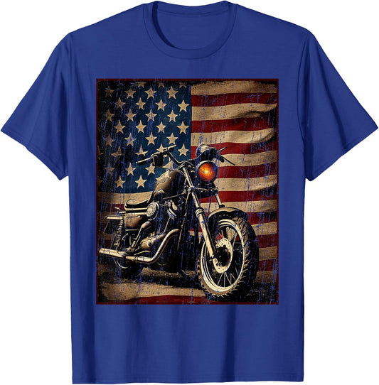 Motorcycle USA Flag Retro Biker T-Shirt - T-Shirt | Royal