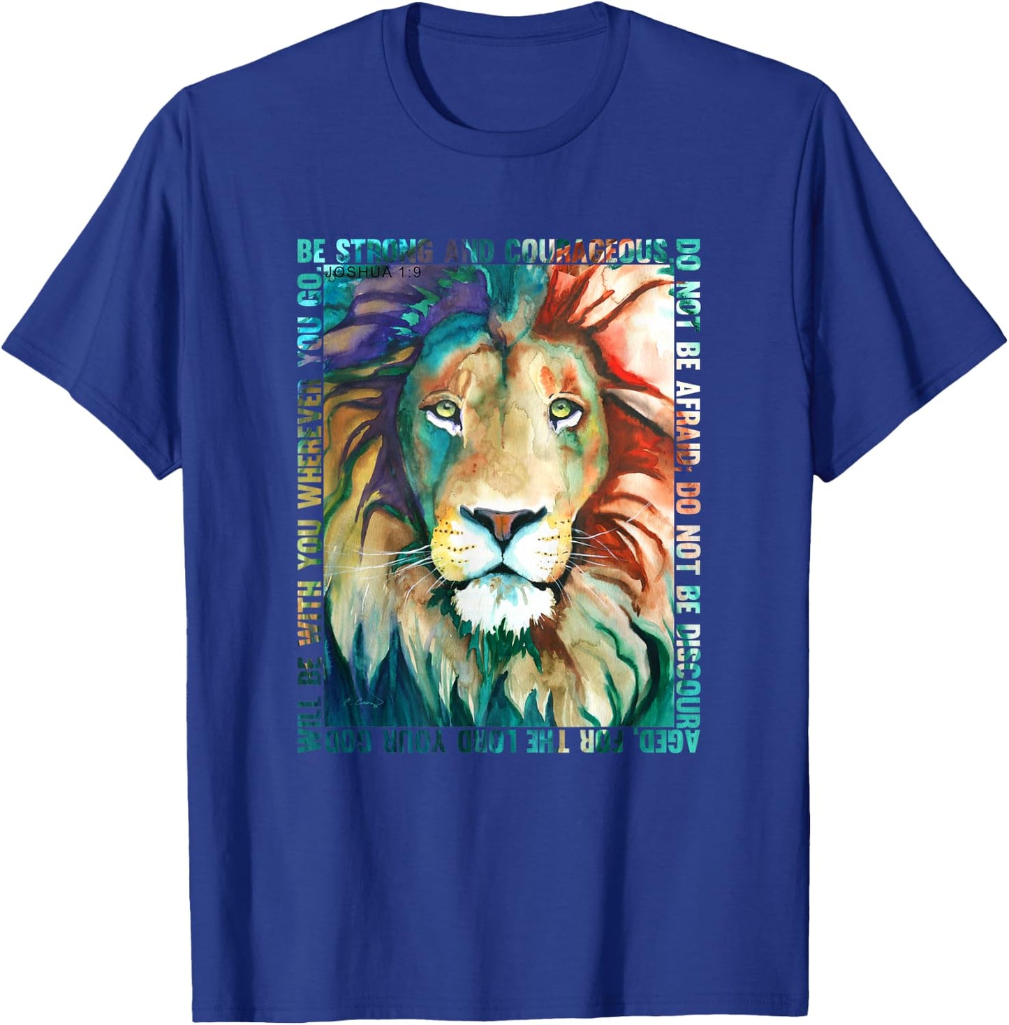 Lion Colorful Face Bible Verse Watercolor by Cheryl Casey T-Shirt - T-Shirt | Royal