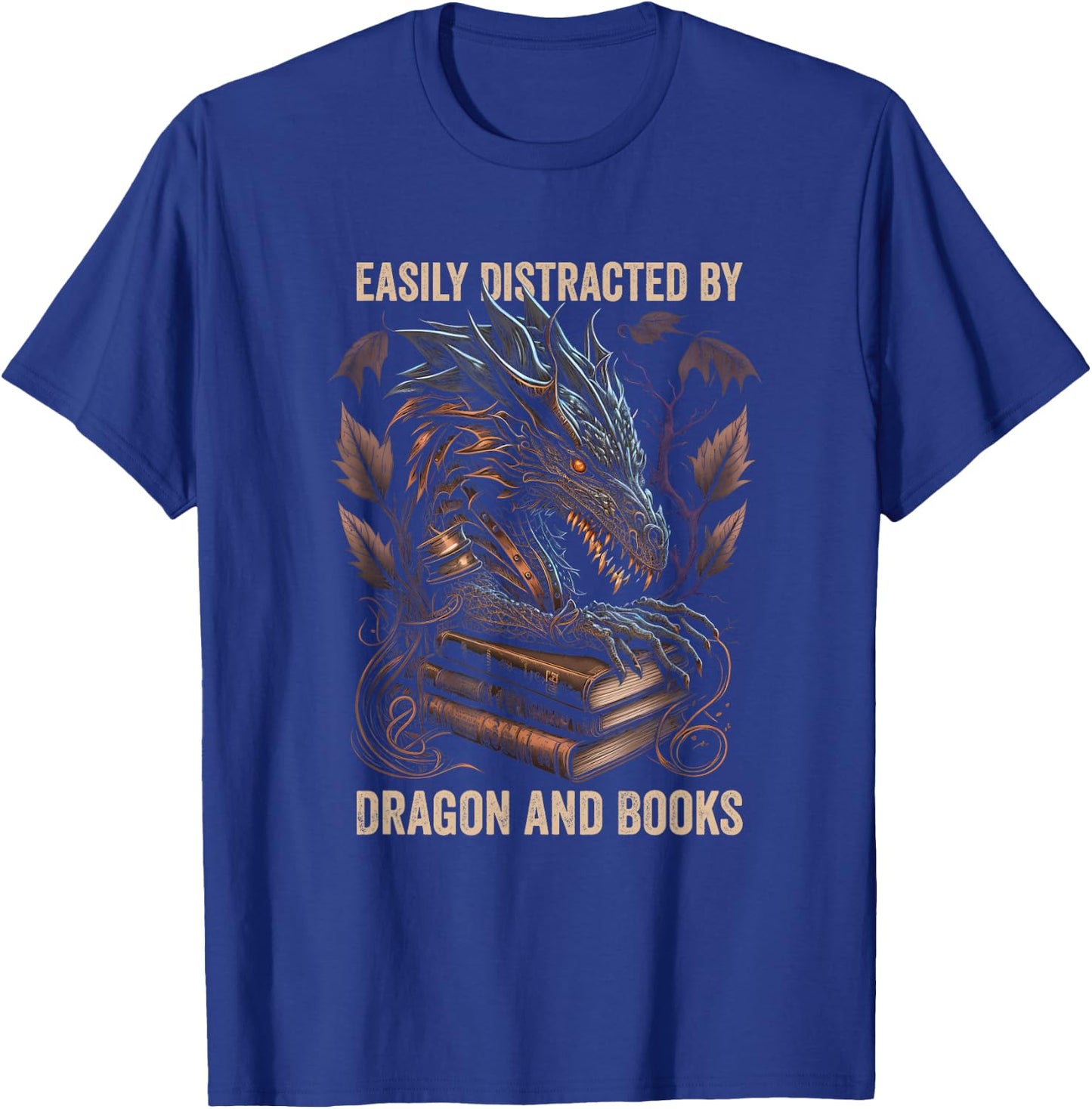 Easily Distracted By Dragons And Books Nerd Dragon Book T-Shirt - T-Shirt | Royal