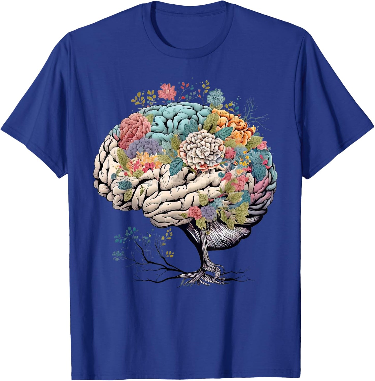 Floral Anatomical Brain Tree Mental Health Awareness T-Shirt - T-Shirt | Royal