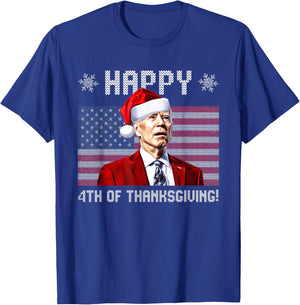 Happy 4th of Thanksgiving Christmas Biden Santa USA Flag T-Shirt - T-Shirt | Royal
