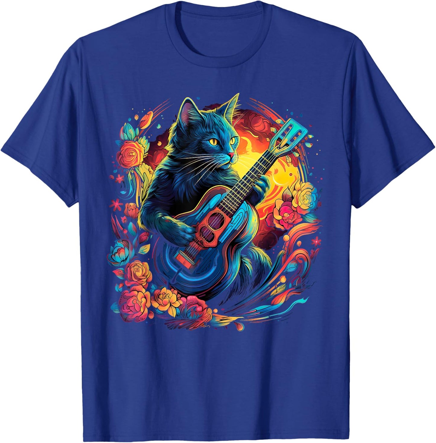 Rock Cat Playing Guitar Cat Funny Guitar Cat Kitty T-Shirt - T-Shirt | Royal