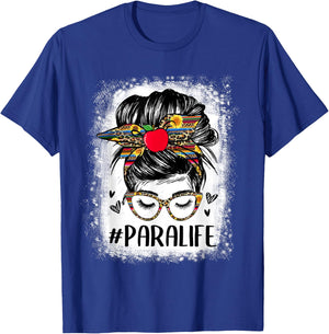 Bleached Teacher Para Life Paraprofessional Cute Messy Bun Women Girls Kids T-Shirt - T-Shirt | Royal
