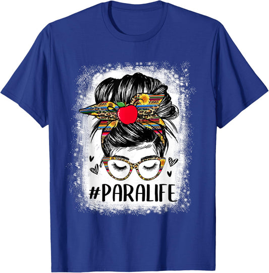 Bleached Teacher Para Life Paraprofessional Cute Messy Bun Women Girls Kids T-Shirt - T-Shirt | Royal