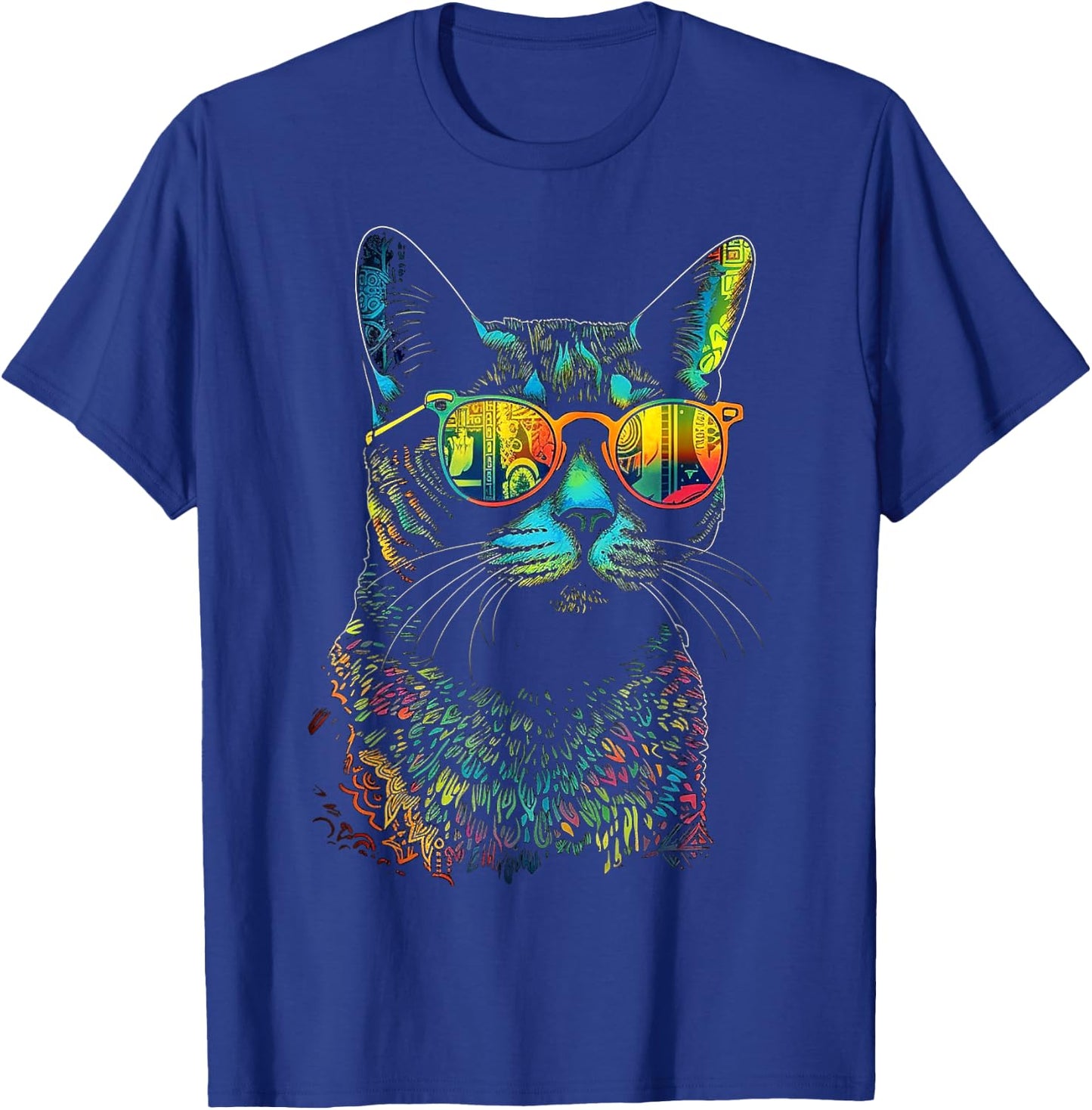 Cat Sunglaess Colorful Artwork | Animal Motif Cat T-Shirt - T-Shirt | Royal