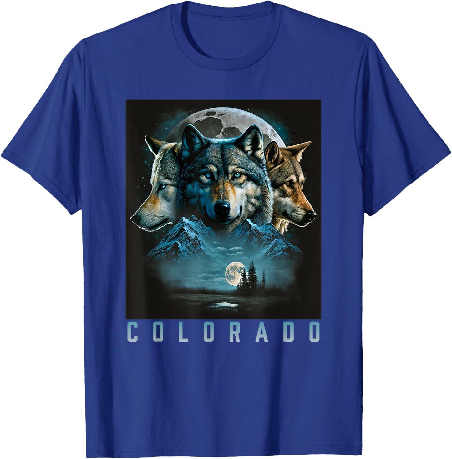 Colorado Mountain Wolf - Three Wolf Moon & Stars Retro T-Shirt - T-Shirt | Royal