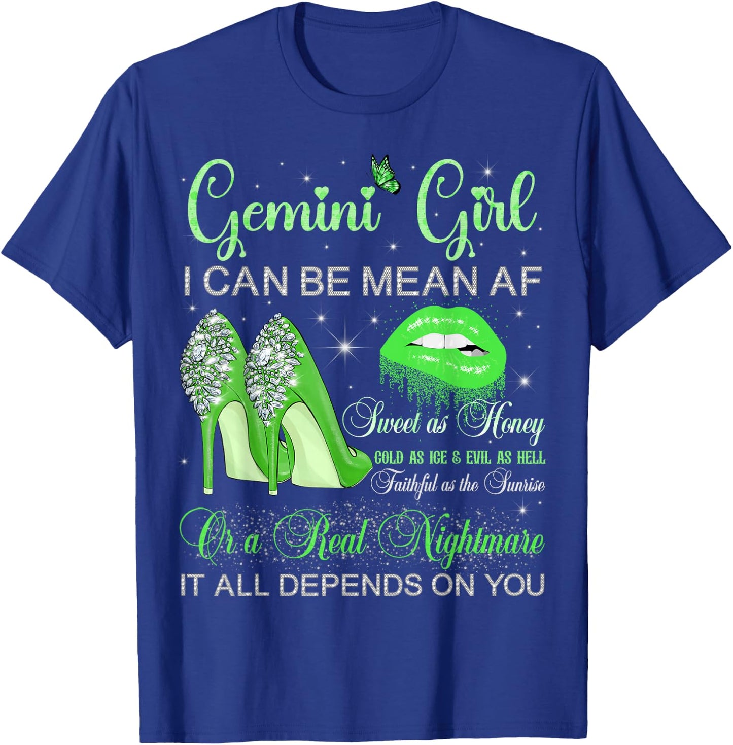 Gemini Girl Birthday High Heels Dripping Lips Butterfly T-Shirt - T-Shirt | Royal