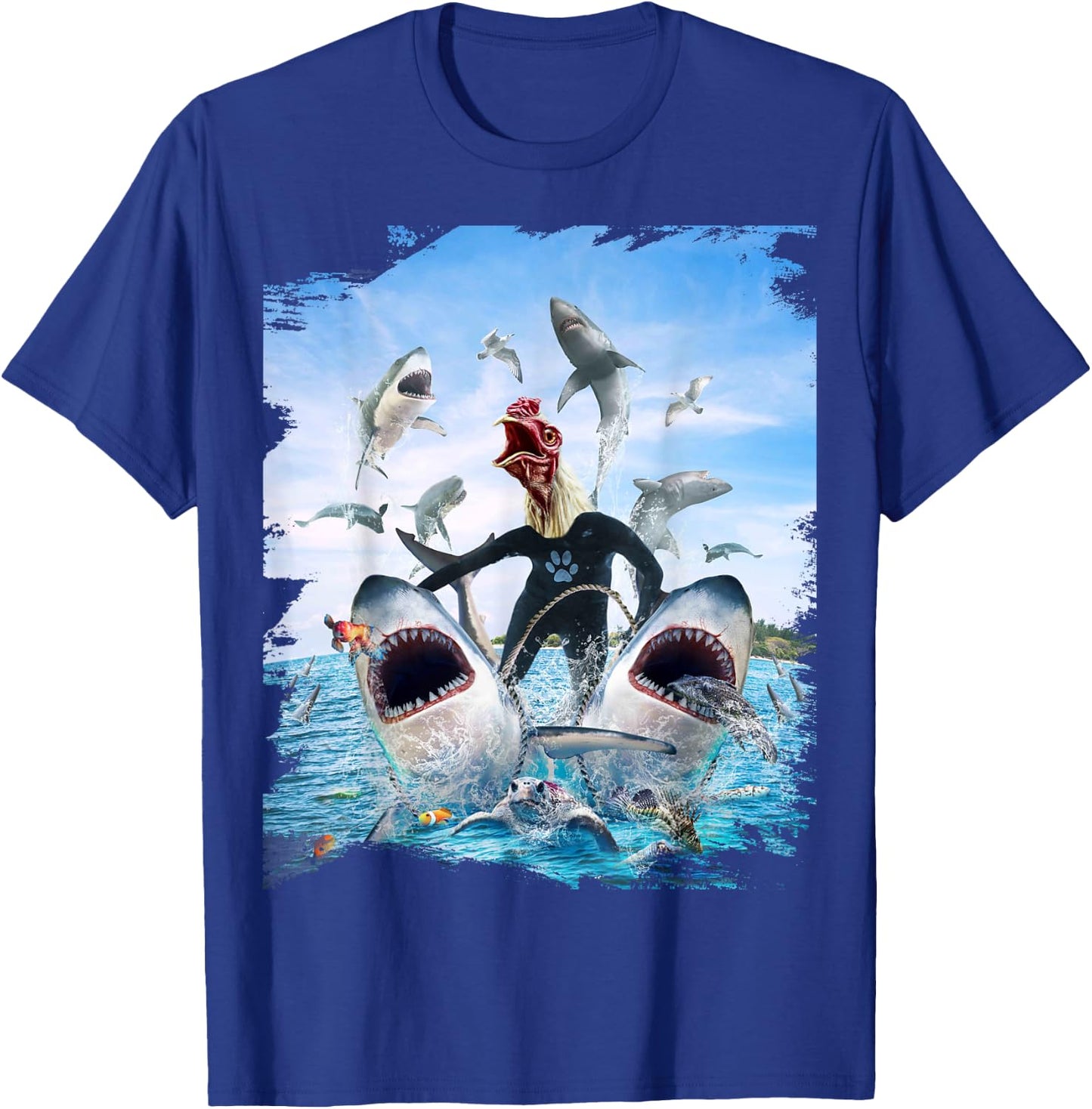 Chicken Riding Shark Sharks At Beach Ocean Funny T-Shirt - T-Shirt | Royal