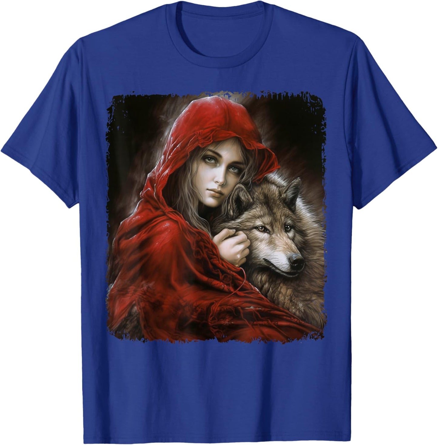 Woman with Hood in red and Gray Wolf Fantasy Art Painting T-Shirt - T-Shirt | Royal
