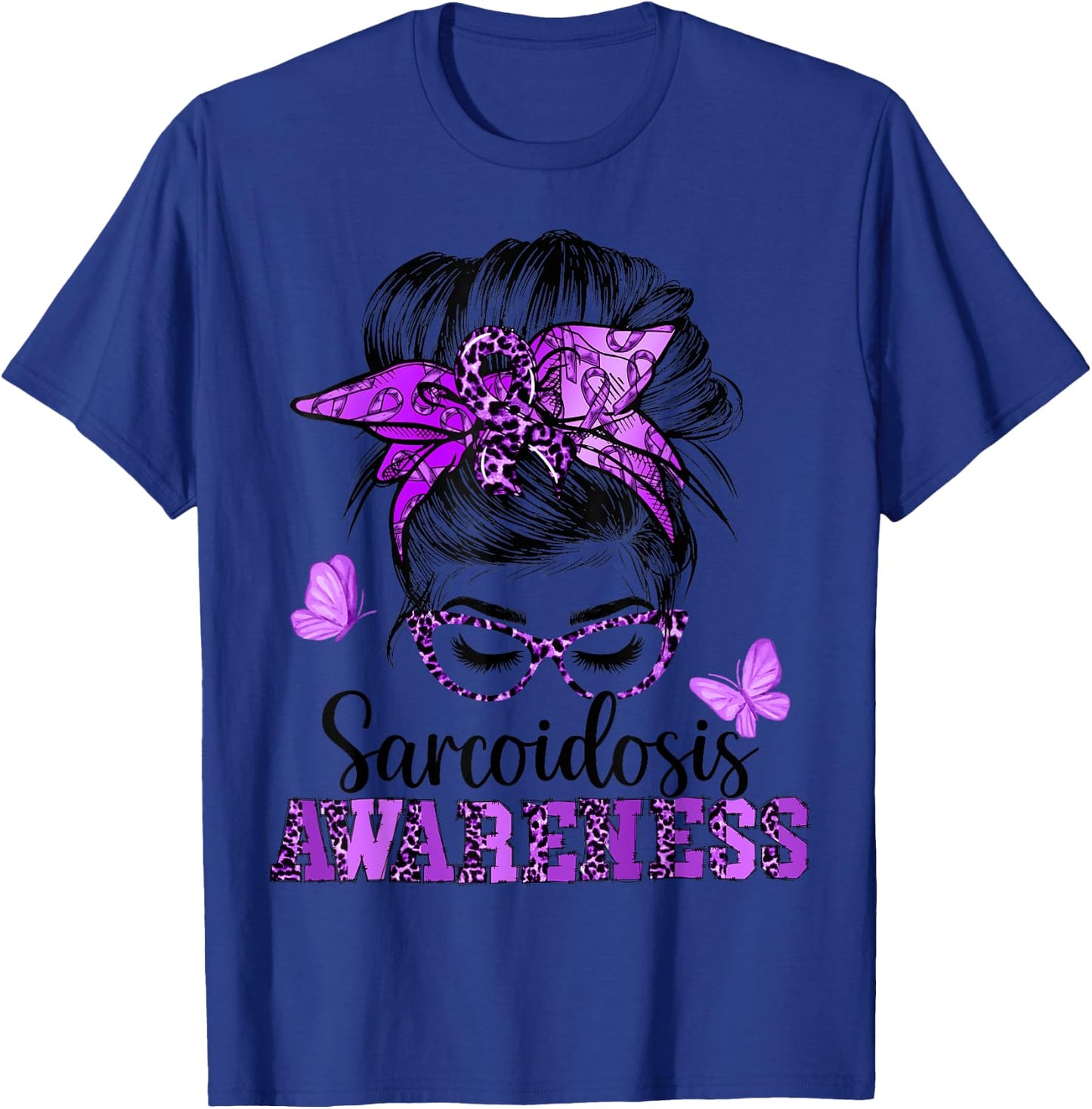 Messy Hair Bun Purple Ribbon Butterfly Sarcoidosis Awareness T-Shirt - T-Shirt | Royal