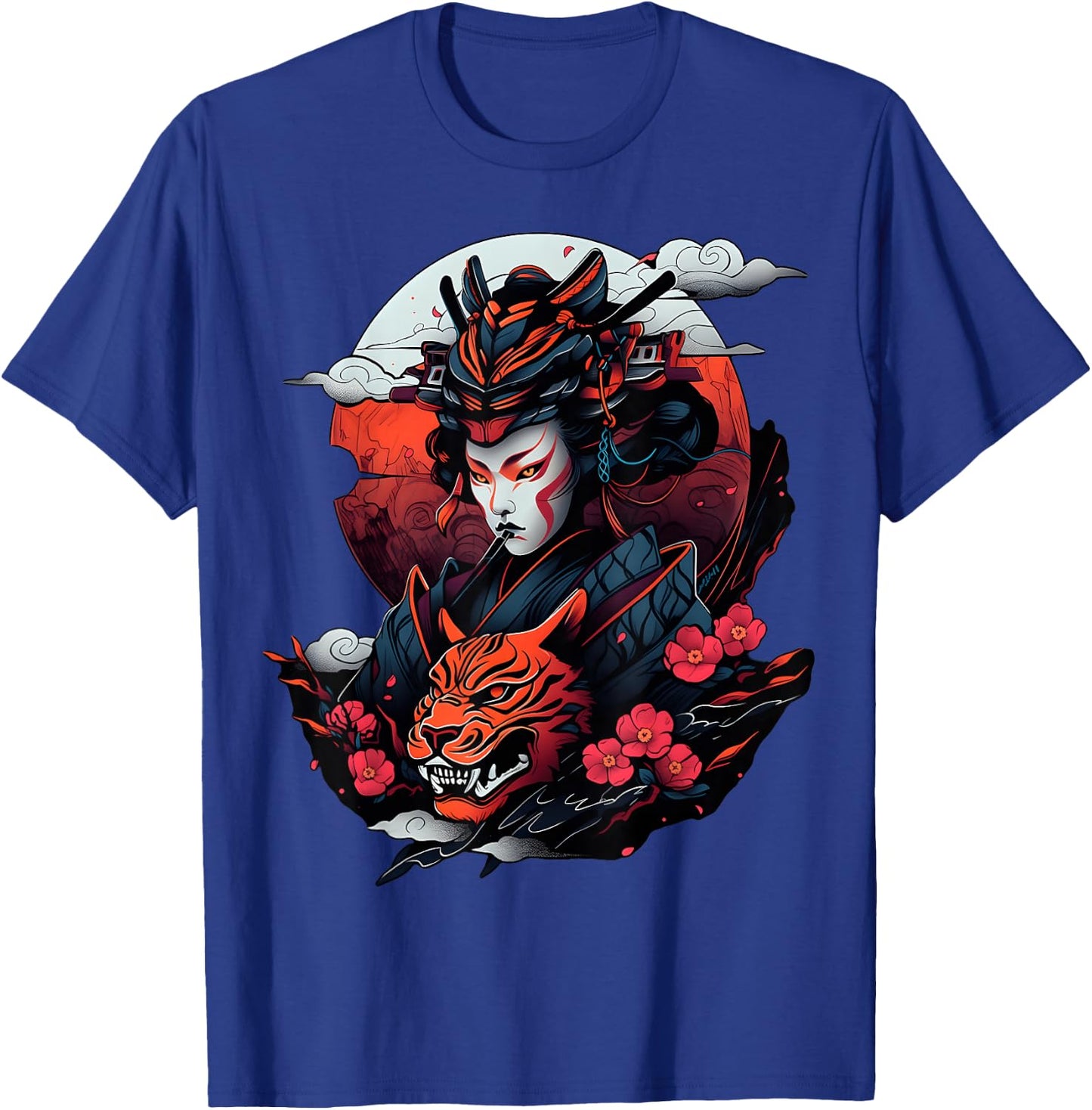 Samurai and Tiger Bold Graphic with Traditional Japanese Art T-Shirt - T-Shirt | Royal