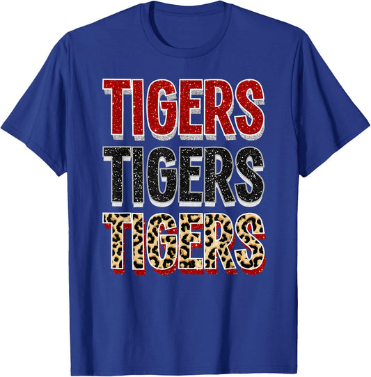 Tigers Repeating School Spirit Red Black T-Shirt - T-Shirt | Royal