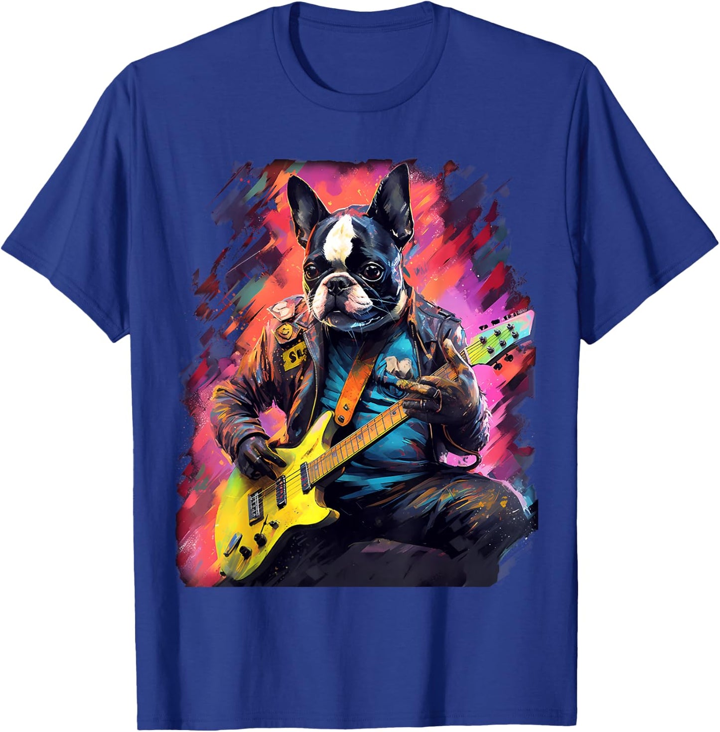 Rock Guitar Boston Terrier Dog Guitarist T-Shirt - T-Shirt | Royal