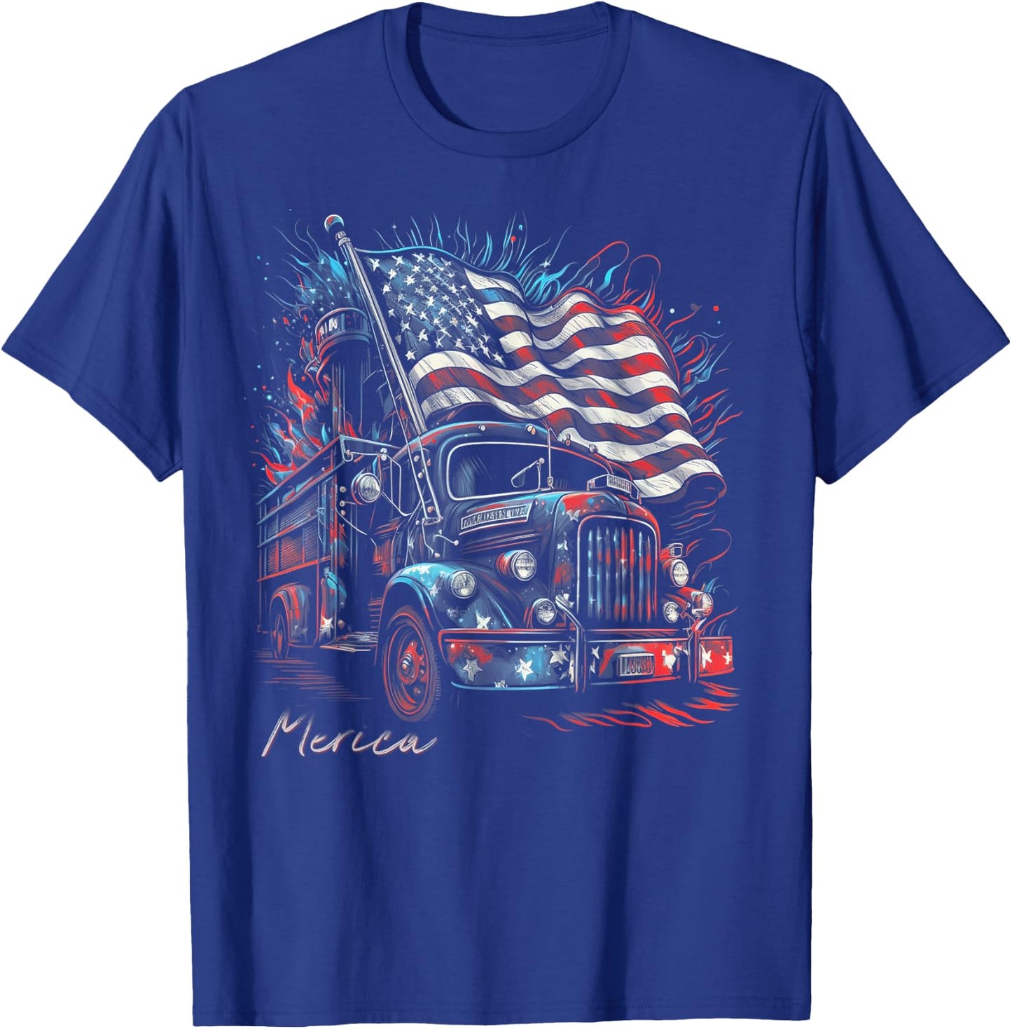 Fireman Firefighter 4th of July American Flag USA Funny T-Shirt - T-Shirt | Royal