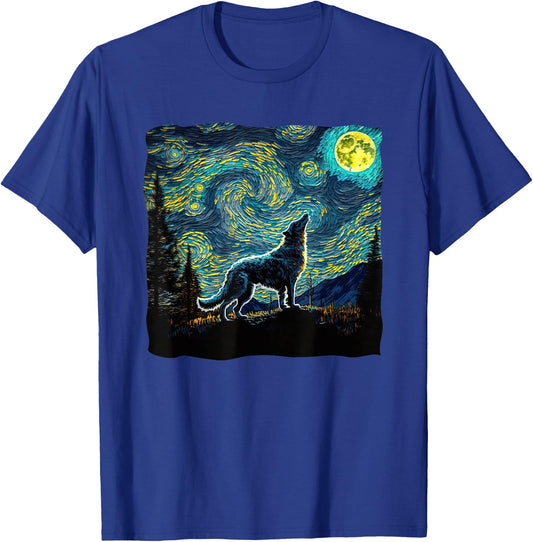 Wolf Starry Night Wilderness Howling Moon Van Gogh Painting T-Shirt - T-Shirt | Royal