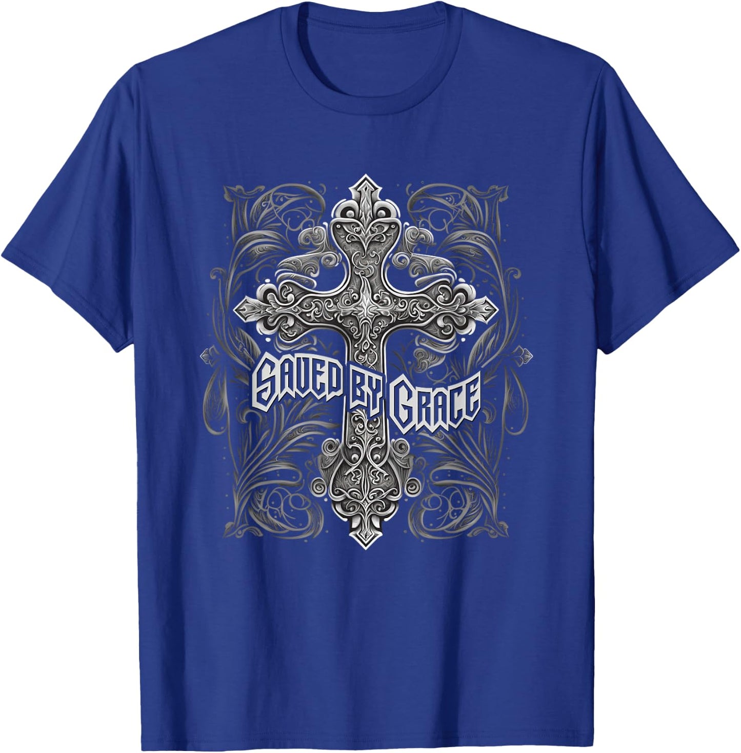 Saved By Grace Christian Graphic Design Gothic Cross T-Shirt - T-Shirt | Royal