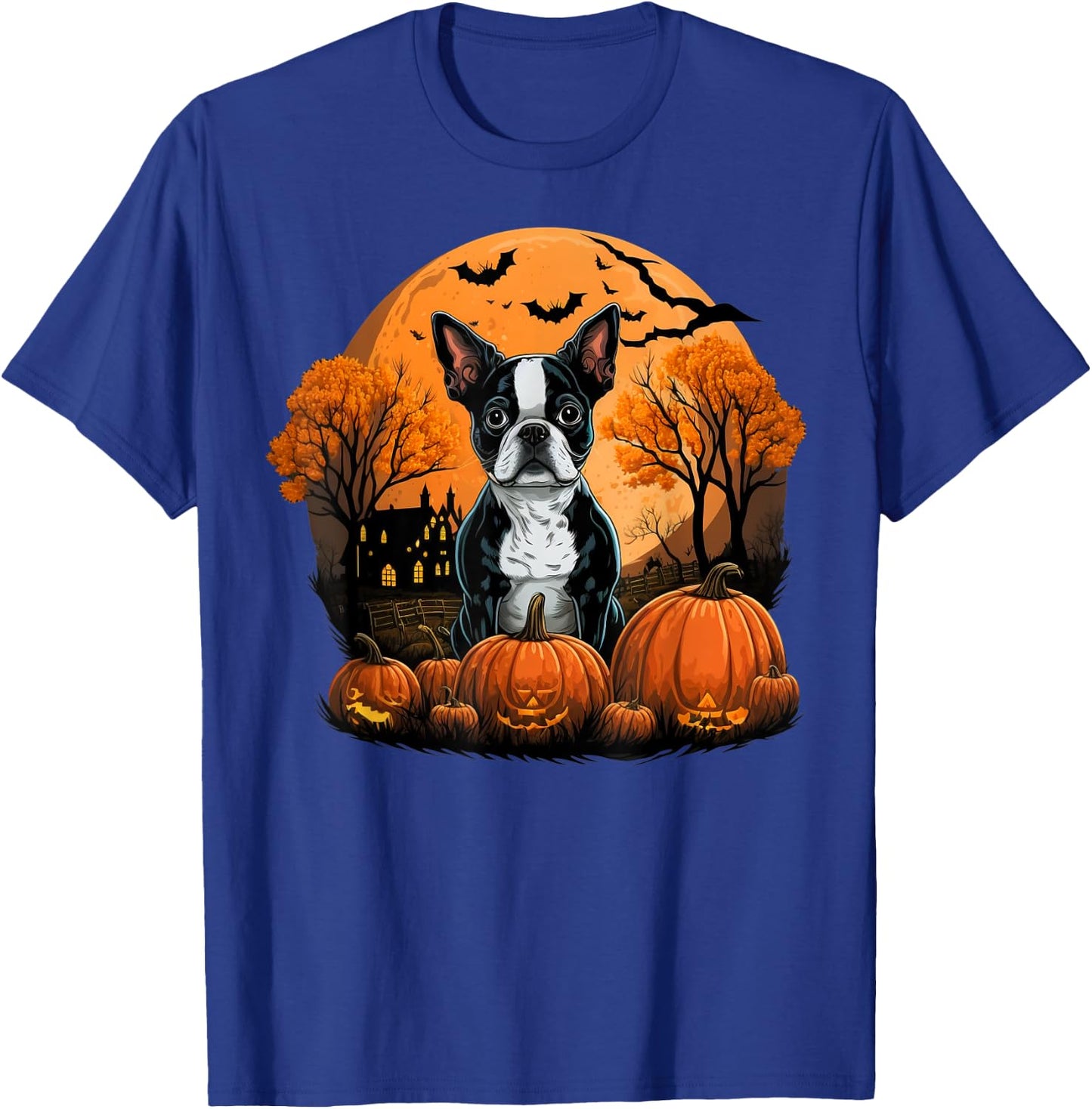 Pumpkin Boston Terrier costume on Boston Terrier Halloween T-Shirt - T-Shirt | Royal