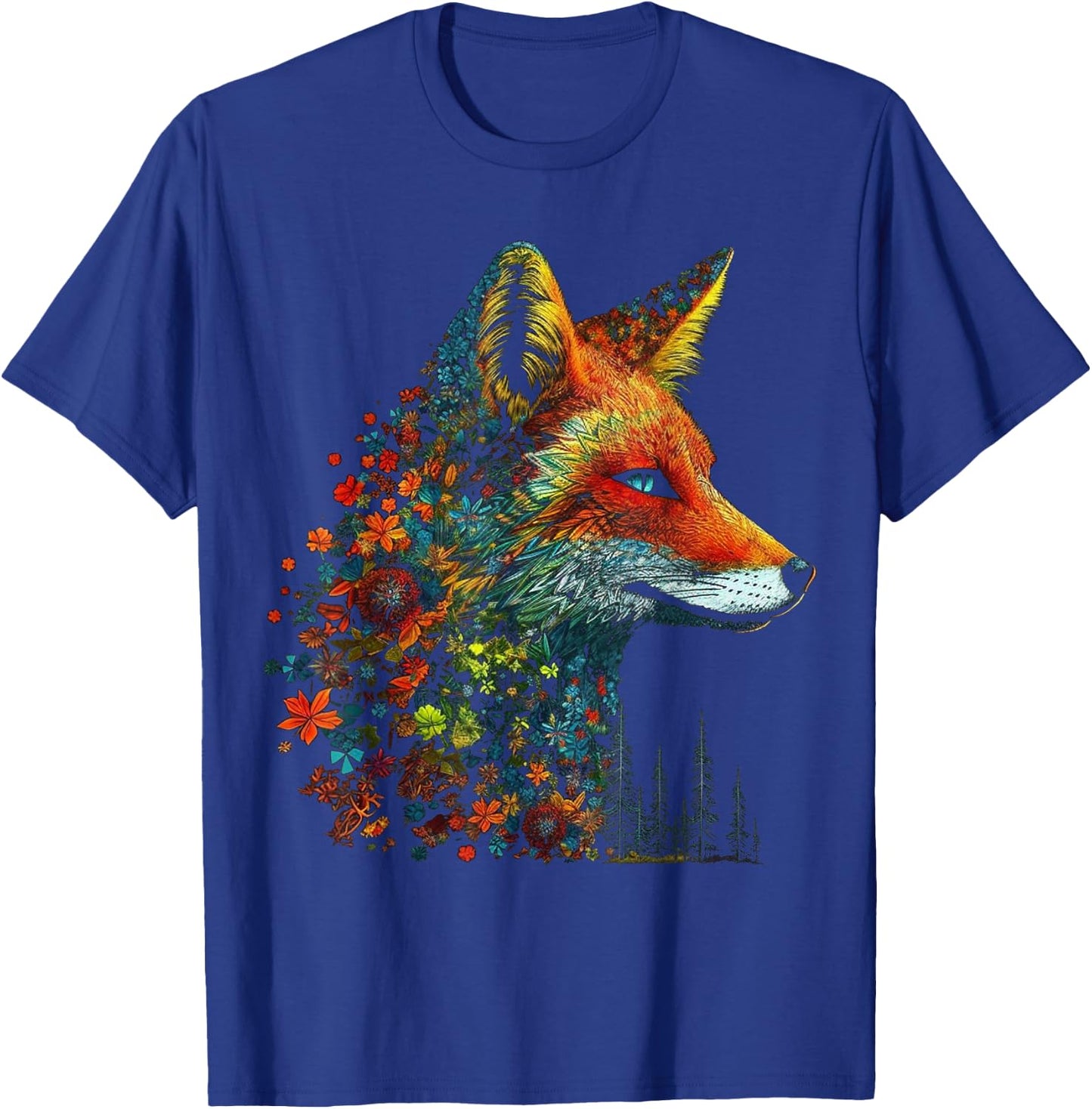 Fox Colourful Flowers - Blue Eyes Animal Art Fox T-Shirt - T-Shirt | Royal