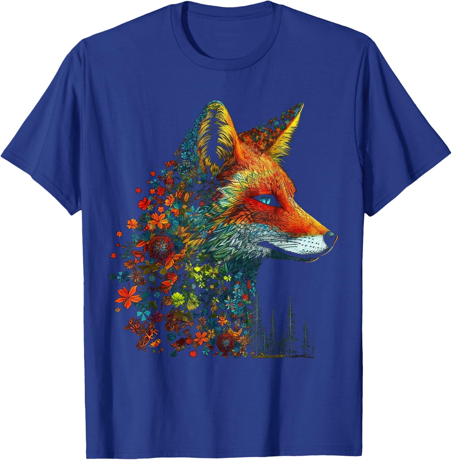 Fox Colourful Flowers - Blue Eyes Animal Art Fox T-Shirt - T-Shirt | Royal