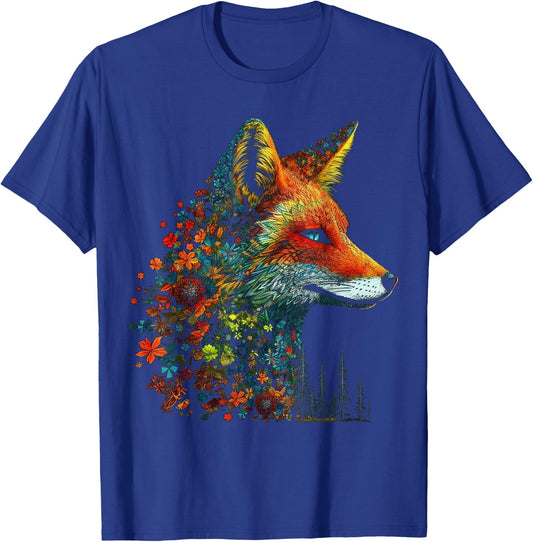 Fox Colourful Flowers - Blue Eyes Animal Art Fox T-Shirt - T-Shirt | Royal
