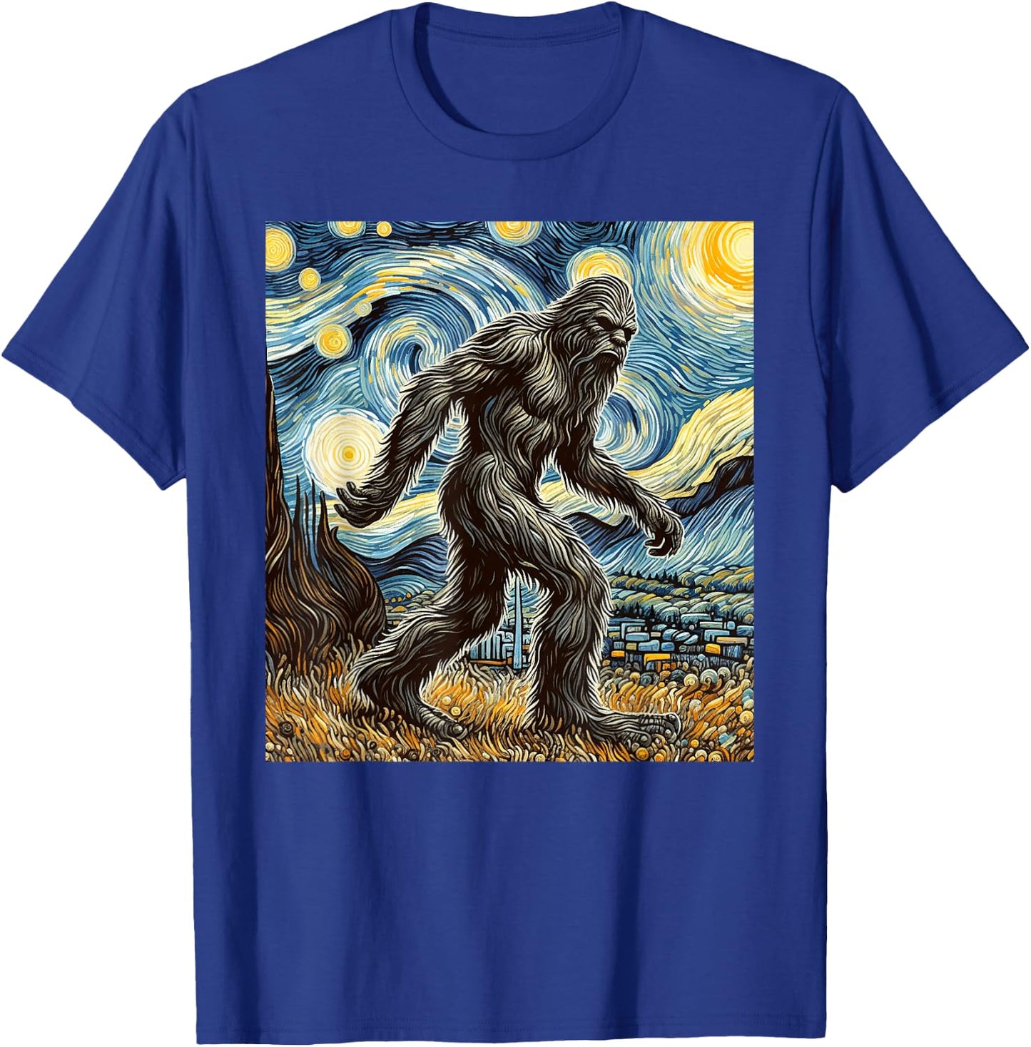 Funny Bigfoot Starry Night Sasquatch Van Gogh Sky Painting T-Shirt - T-Shirt | Royal