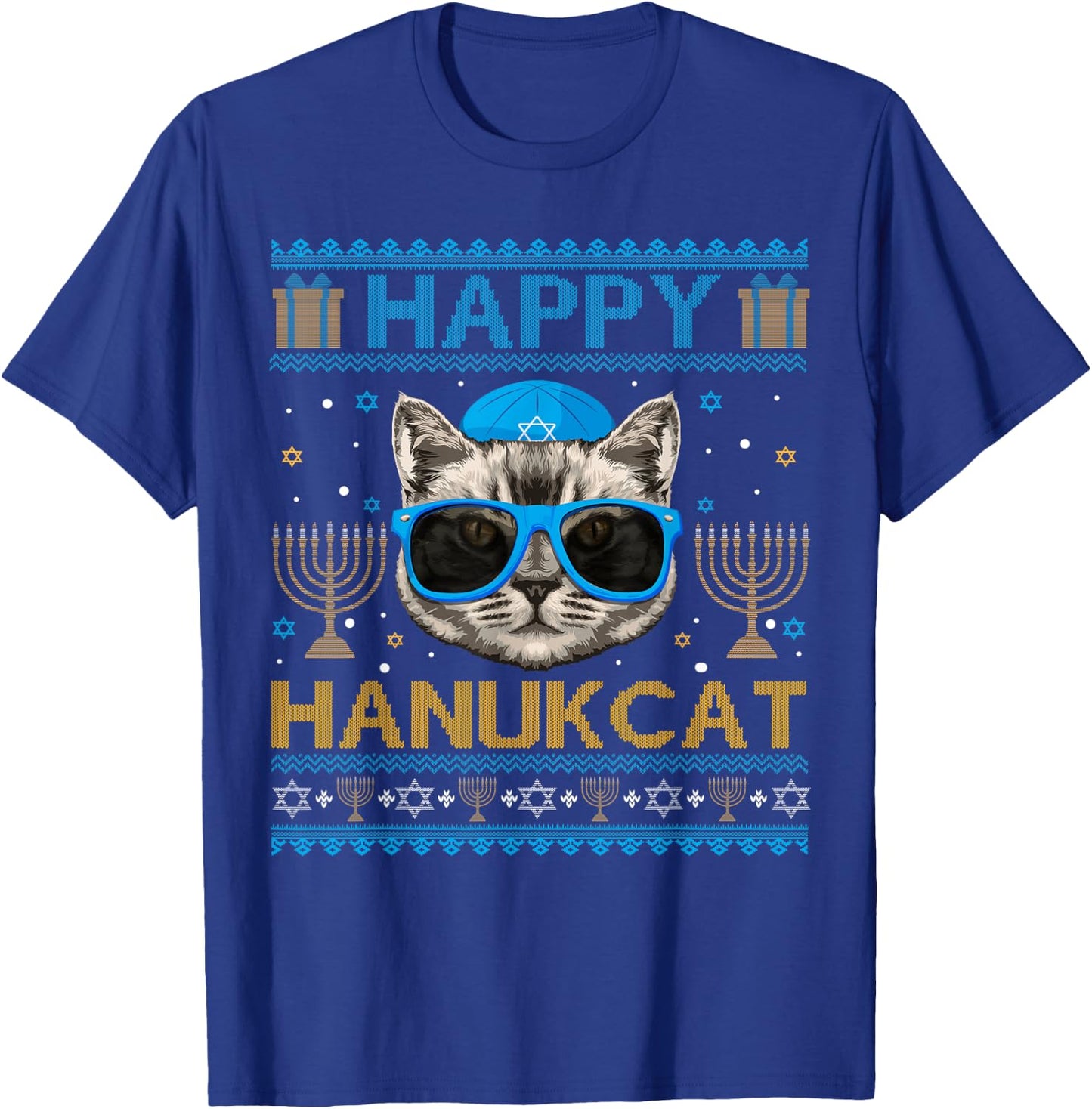 Happy Hanukcat Ugly Hanukkah Sweater Cat Chanukah Jewish T-Shirt - T-Shirt | Royal