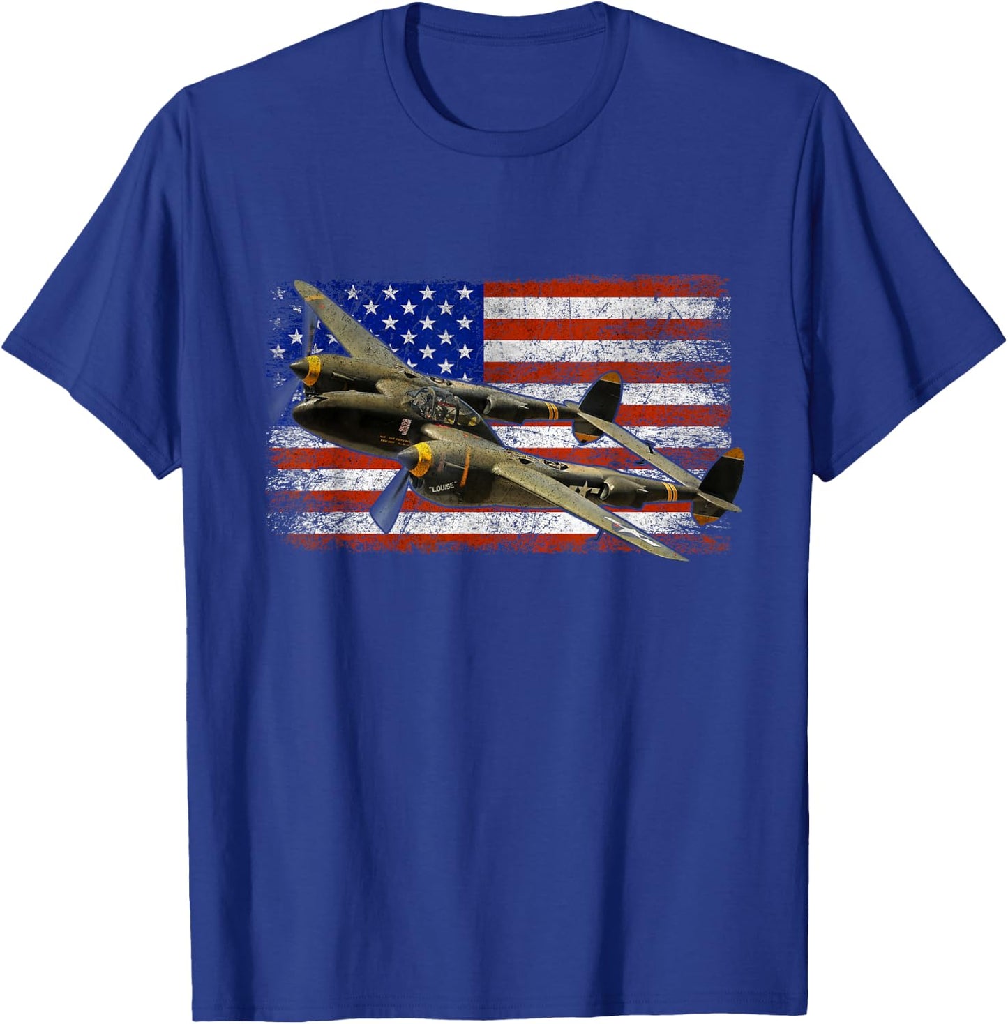 P-38 Lightning WWII Airplane Vintage Flag T-Shirt - T-Shirt | Royal