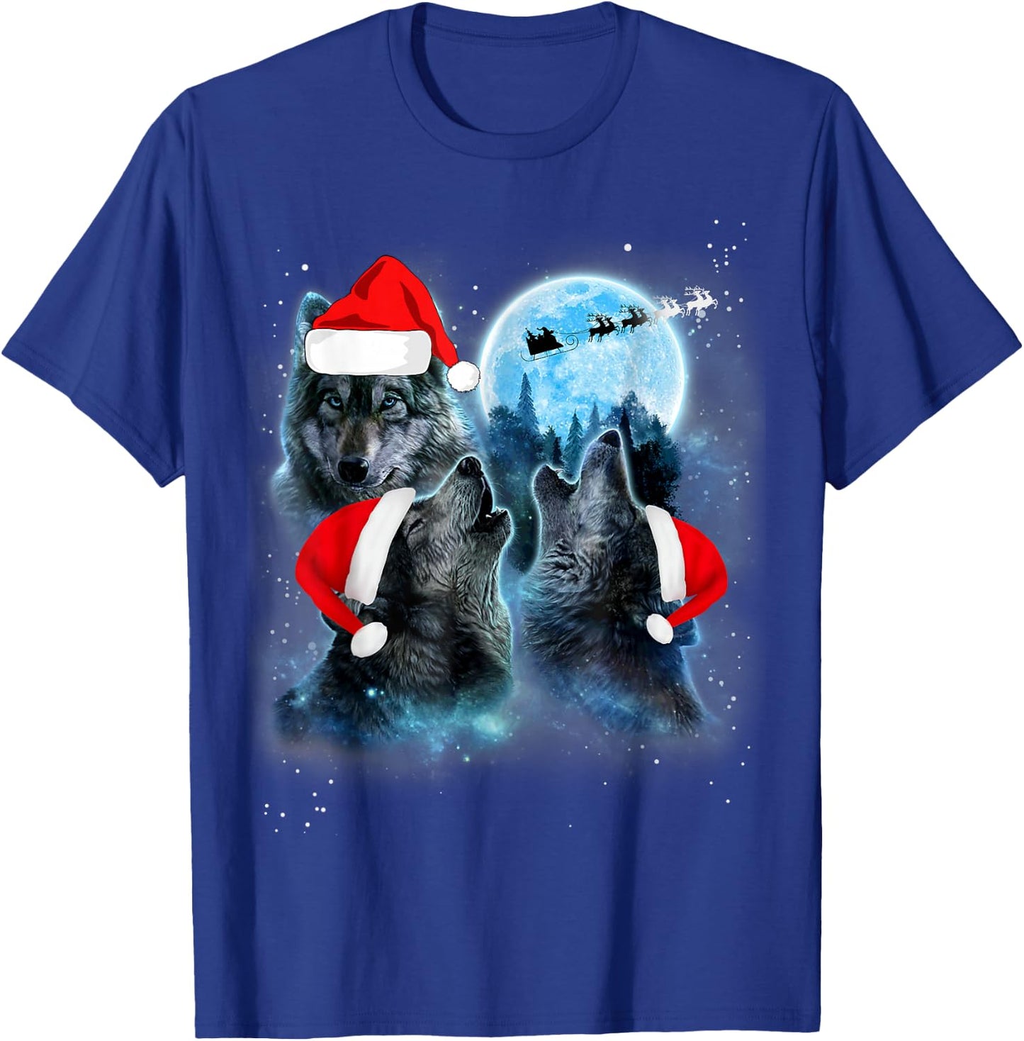 Three Wolves Howling Under Moon Christmas Santa Wolf Lover T-Shirt - T-Shirt | Royal