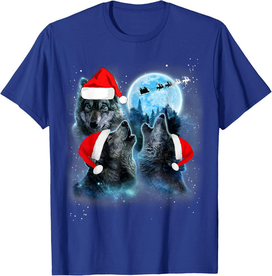 Three Wolves Howling Under Moon Christmas Santa Wolf Lover T-Shirt - T-Shirt | Royal