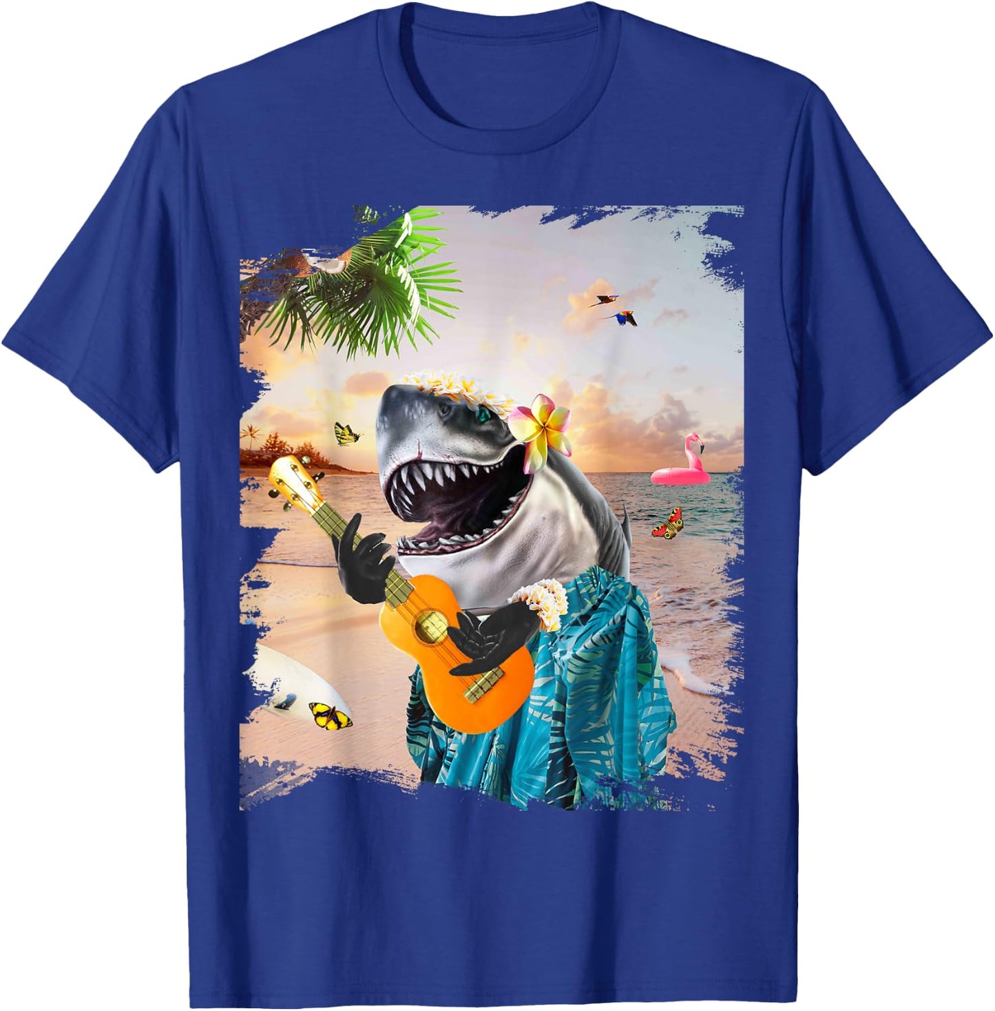 Aloha Hawaiian Shark Playing Ukulele Beach Funny Men Women Girls Kids T-Shirt - T-Shirt | Royal