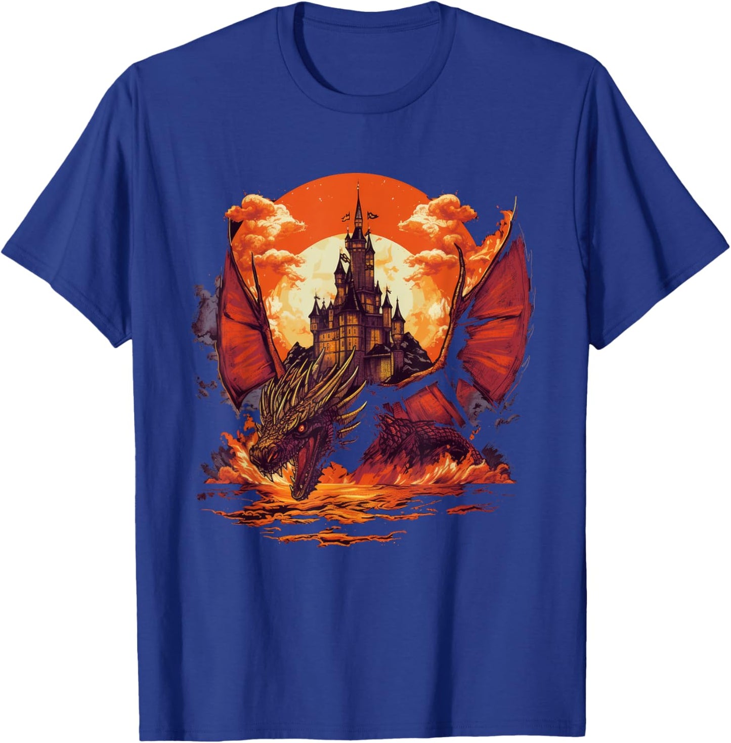 Fire Dragon Fantasy Scene With Castle T-Shirt - T-Shirt | Royal