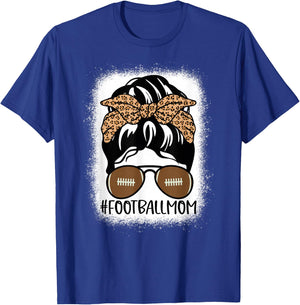 Bleached Football Mom Life with Leopard and Messy Bun Player T-Shirt - T-Shirt | Royal