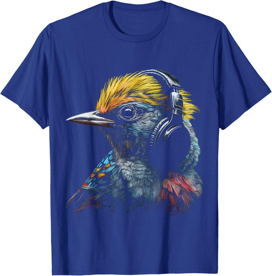 Bird Headphones Artwork | Music Animal Motif Bird T-Shirt - T-Shirt | Royal