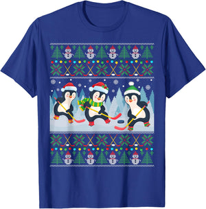 Penguin Playing Hockey Ugly Christmas Sweater Penguin Santa T-Shirt - T-Shirt | Royal