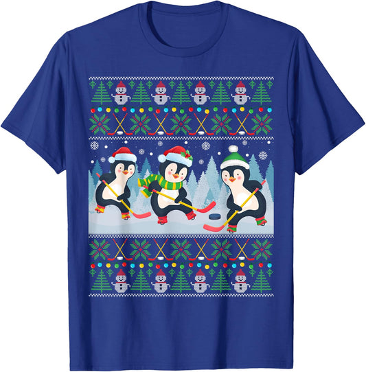 Penguin Playing Hockey Ugly Christmas Sweater Penguin Santa T-Shirt - T-Shirt | Royal