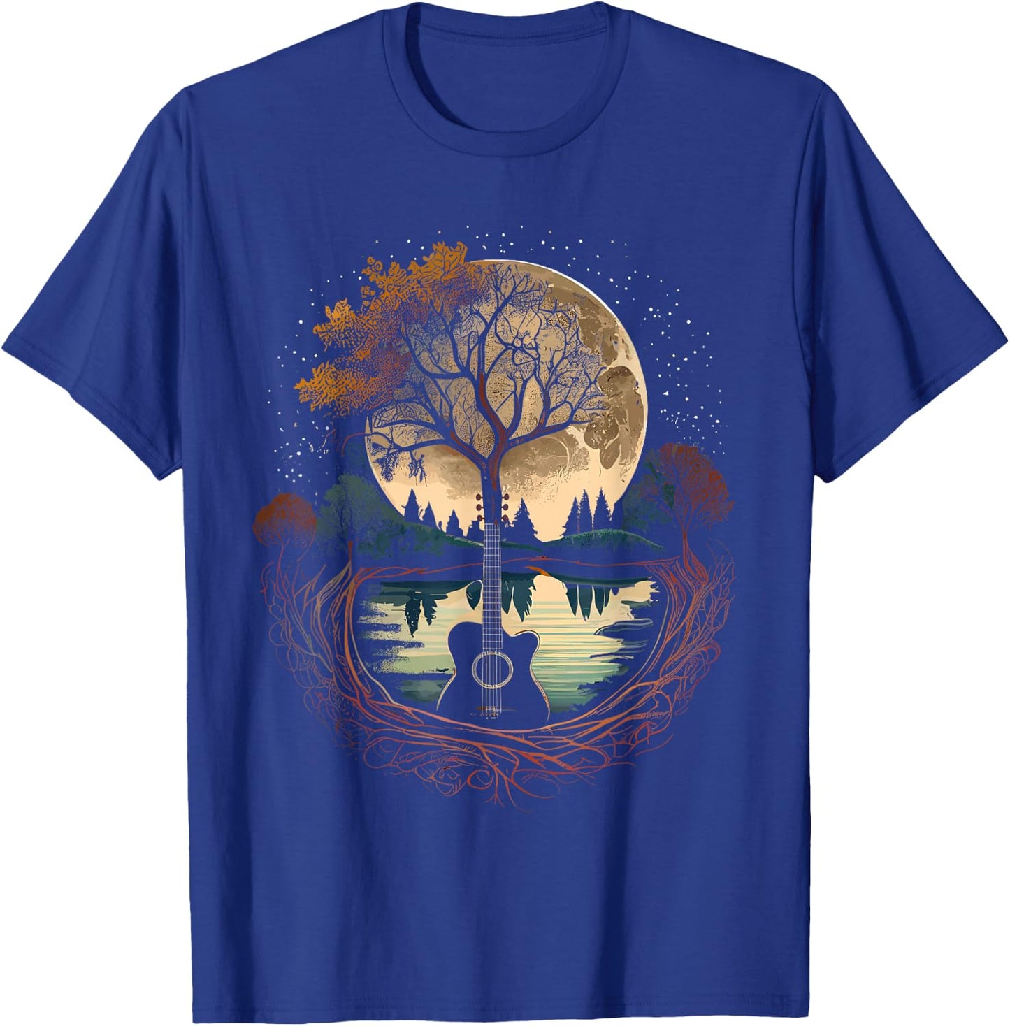Acoustic Guitar Tree and Moon by The Lake Guitarist T-Shirt - T-Shirt | Royal