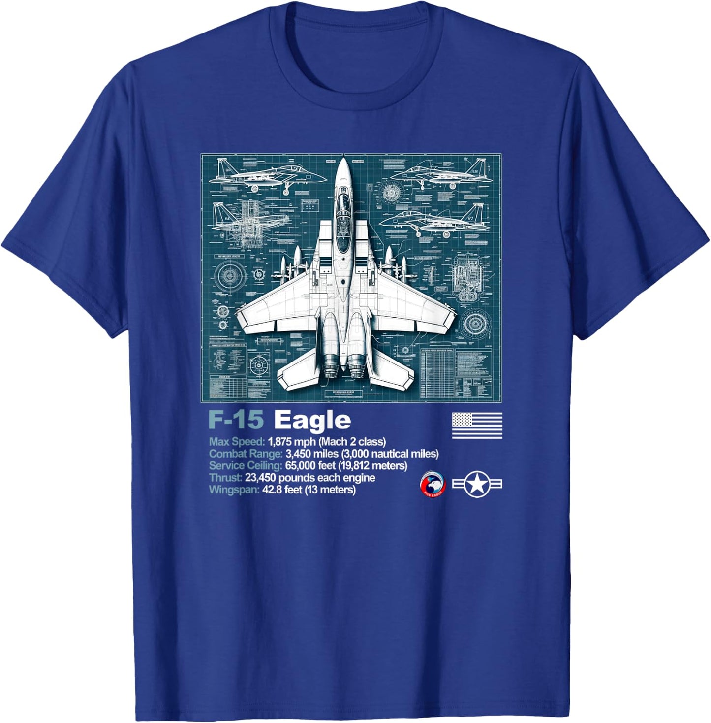 F15 Fighter Jet Blueprint Technical Drawings and Specs T-Shirt - T-Shirt | Royal