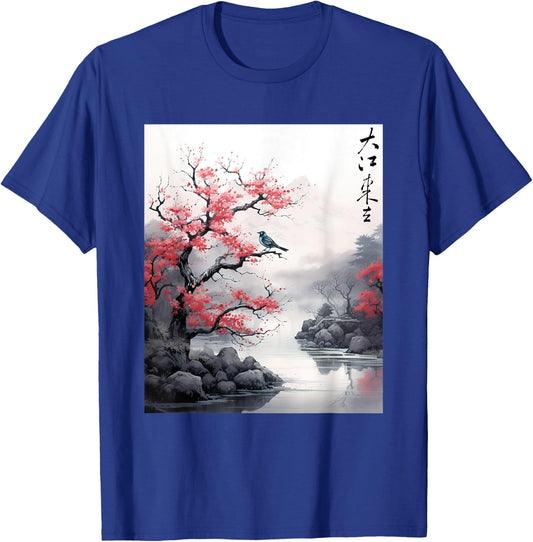 Vintage Cherry Blossom Woodblock art Japanese Graphic T-Shirt - T-Shirt | Royal