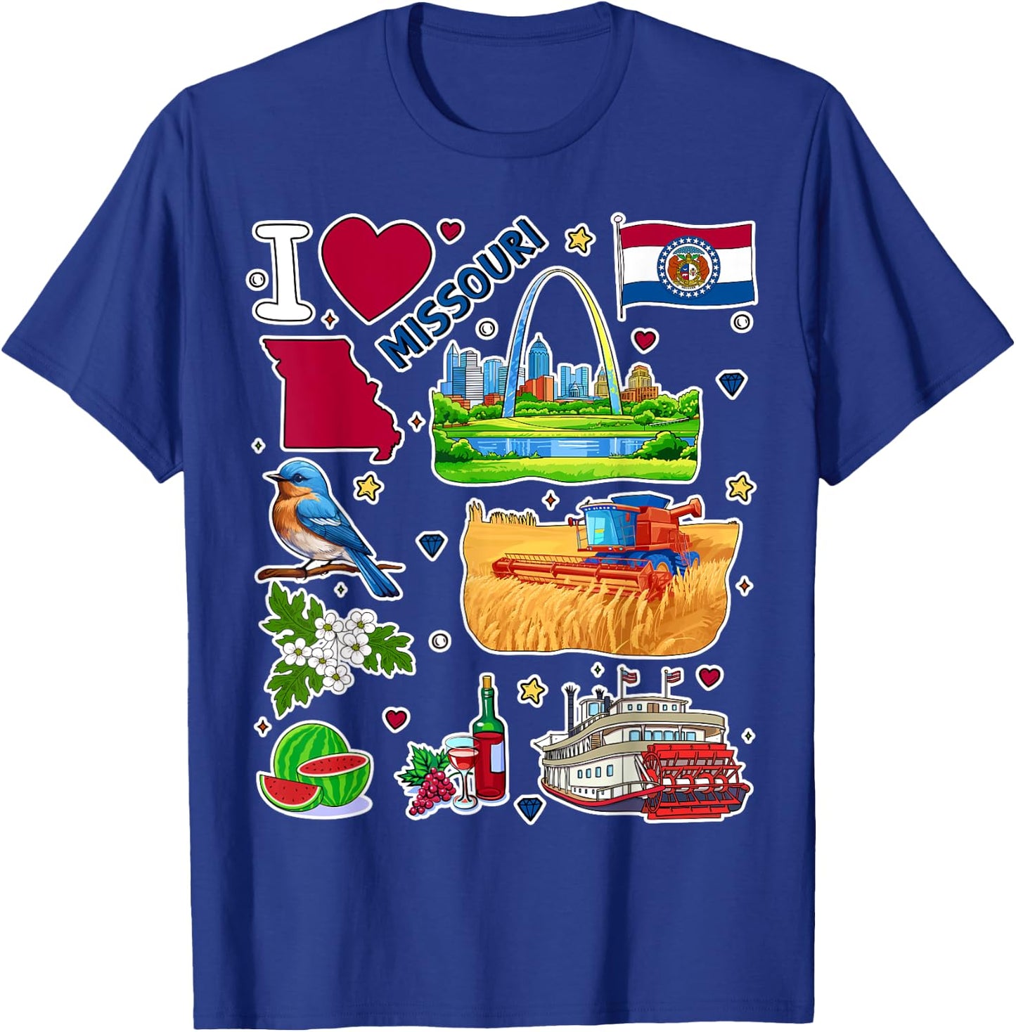 Missouri map, hand drawn Missouri State Symbols and icons T-Shirt - T-Shirt | Royal