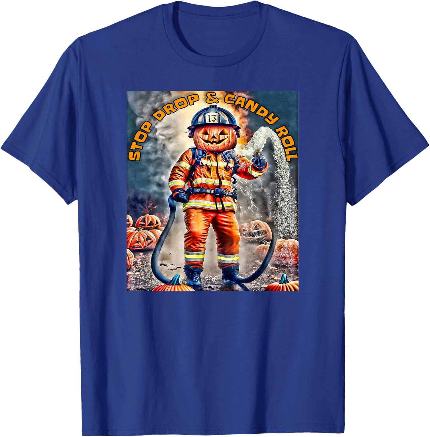 Halloween Pumpkin Firefighter Stop Drop And Roll a Firehouse T-Shirt - T-Shirt | Royal