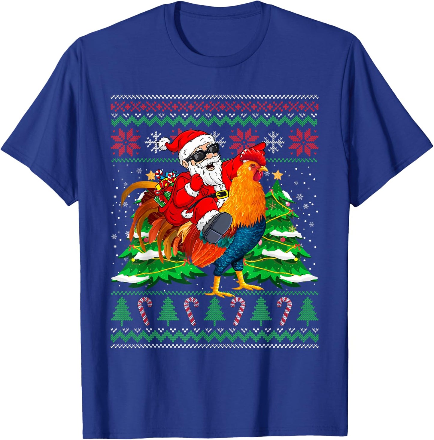 Santa With Rooster Christmas Tree Farmer Ugly Xmas Sweater T-Shirt - T-Shirt | Royal
