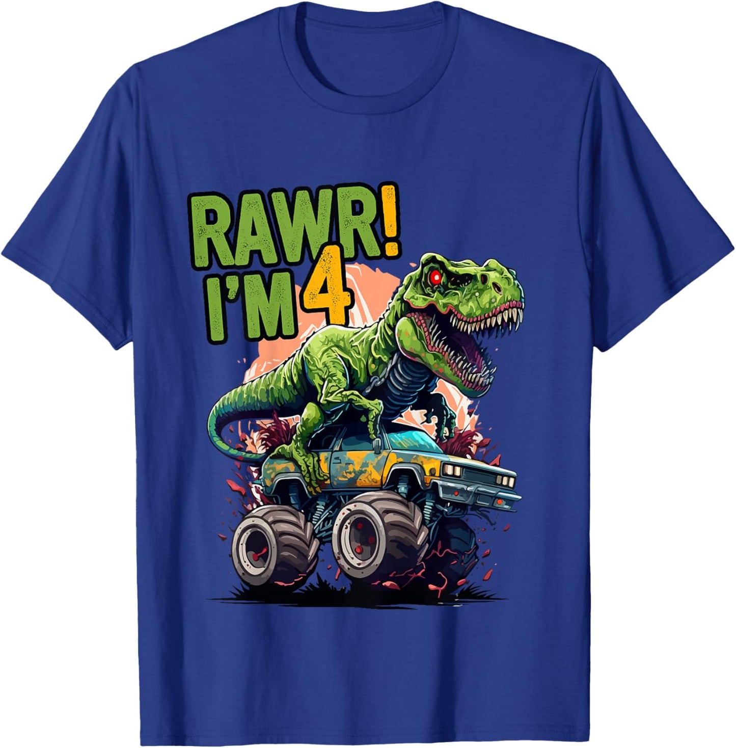 Kids Rawr I'm 4 T Rex 4th birthday Boys Dinosaur Monster Truck T-Shirt - T-Shirt | Royal